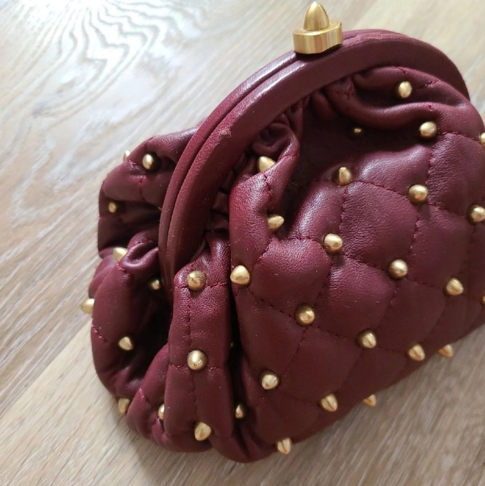 Leather Studded Quilted Leather Frame Cloud Clutch